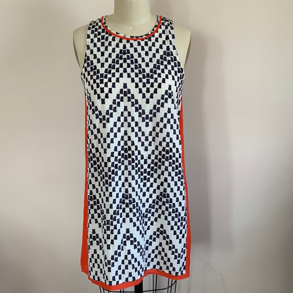 White, navy and reddish orange mini shirt dress
